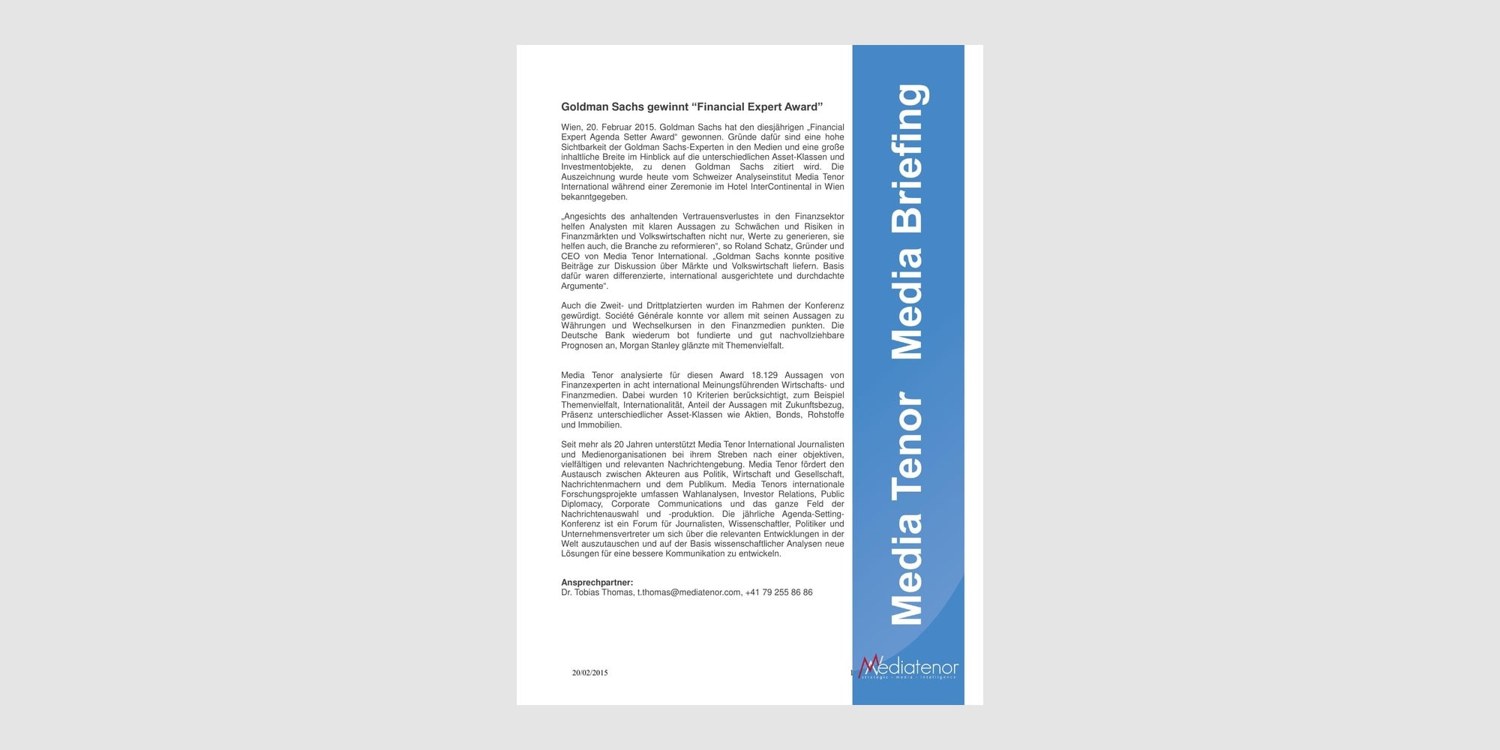 Original Media Tenor graphic for Goldman Sachs and the Financial Expert Award 2015