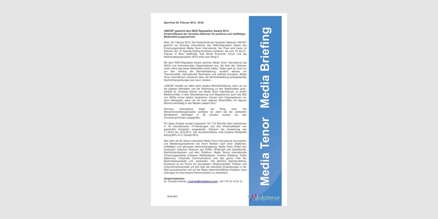Original Media Tenor graphic for UNICEF and the NGO Reputation Award